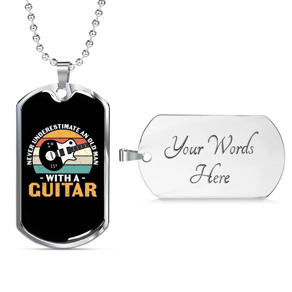 Musician Necklace Old Man With Guitar Personalized Engraved Silver Dog Tag Neck